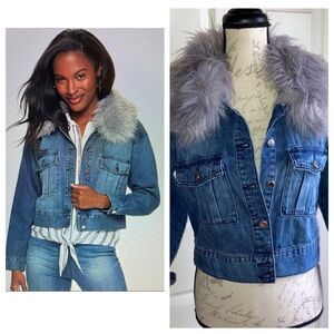 Jennifer Lopez Faur Fur Detachable Collar Crop Denim Blue Jean Jacket sz XSmall